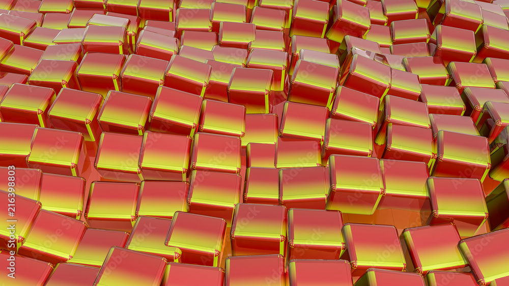 red-orange glossy three-dimensional cubes. abstract background. 3D rendering