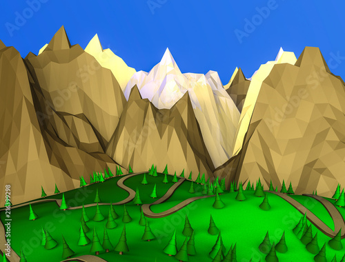 low poly desert landscape. ate on the background of the mountains. 3D rendering