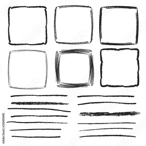 Set of vector square frames and pencil textured lines. Hand drawn isolated doodles.