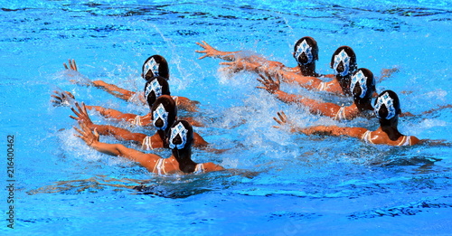 Synchronized swimming team performing a synchronized routine of elaborate moves in the water.