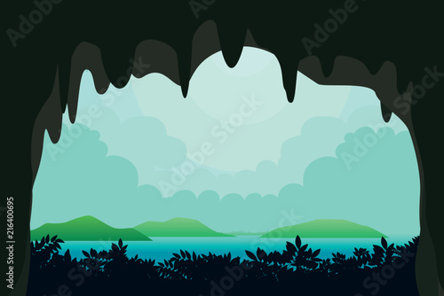 Scenery of sea view from inside the cave. Vector nature background