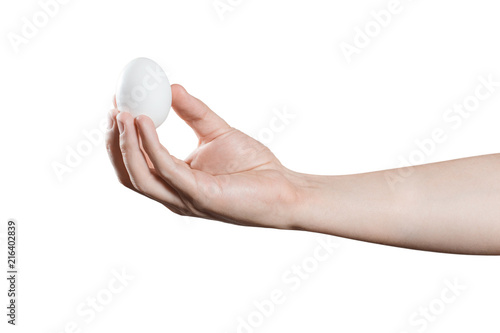 Hand holding an egg, isolated on white background