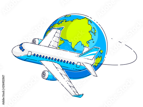Plane airliner with earth planet, airlines air travel emblem or illustration. Beautiful thin line vector isolated over white background.