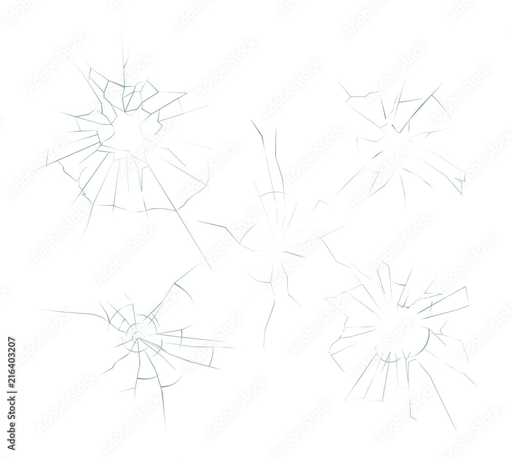 Vector illustration of cracked crushed realistic glass set on the white background. Bullet holes, broken smartphone display concept.