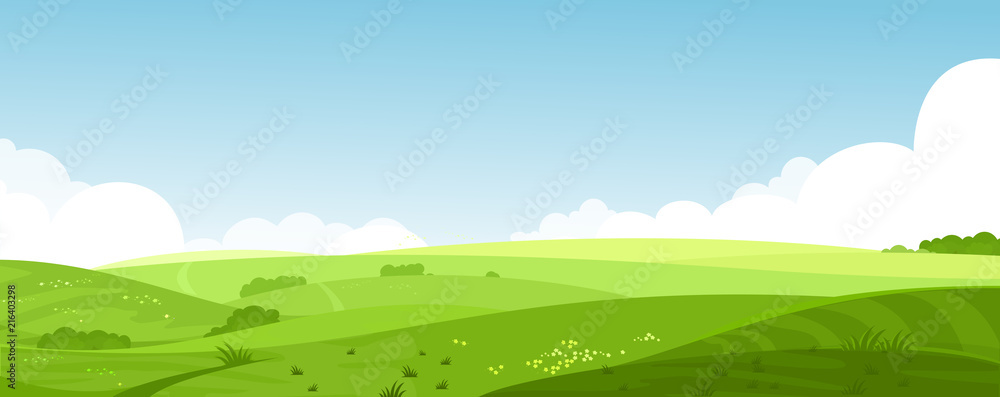 Wektorowa ilustracja piękny lato poly krajobraz z świtem, zieleni wzgórza, jaskrawy koloru niebieskie niebo, kraju tło w płaskim kreskówka stylu sztandarze. <span>plik: #216403298 | autor: Natalia</span>