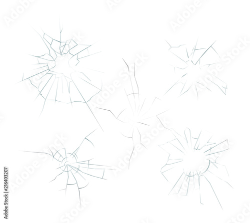 Vector illustration of cracked crushed realistic glass set on the white background. Bullet holes  broken smartphone display concept.