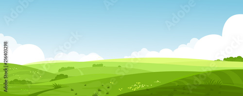 Obraz na płótnie Vector illustration of beautiful summer fields landscape with a dawn, green hills, bright color blue sky, country background in flat cartoon style banner