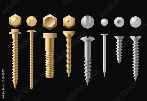 Vector illustration set of screws, bolts, nuts and rivets in silver and golden colors, isolated on black background.