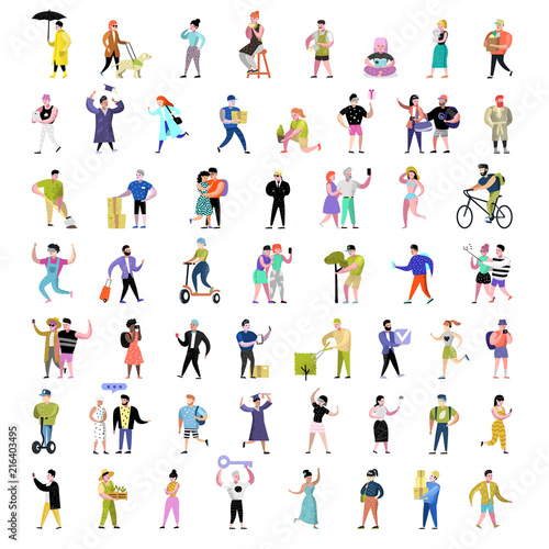 Flat People Characters Collection. Man and Woman Cartoons in Various Actions, Poses and Activities. Students, Gardener, Technology. Vector illustration