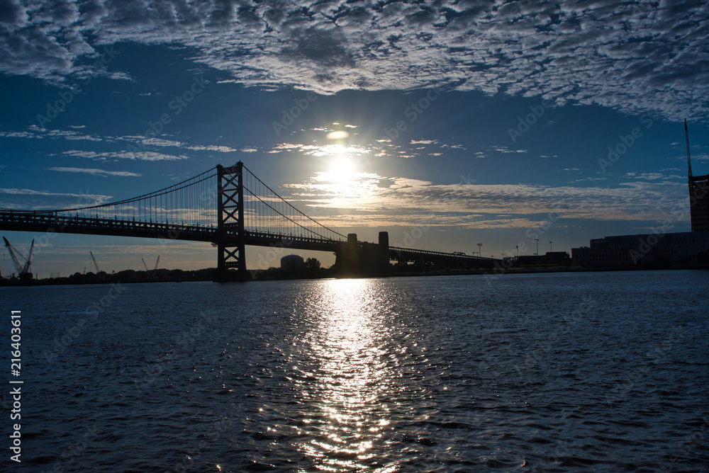 sun rise over ben franklin bridge sun rise over ben franklin bridge
