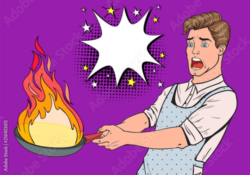 Pop Art Man in the Kitchen Holding Pan. Afraid Young Guy in Apron Cooking with Burning Pan. Vector illustration