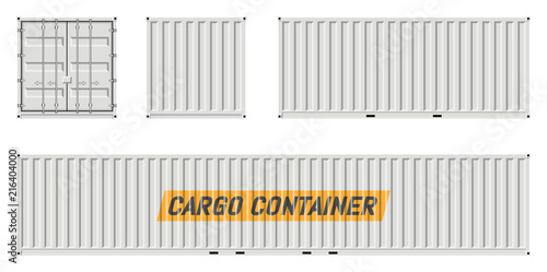 Cargo container vector mockup on white background with side, front, back view. All elements in the groups on separate layers for easy editing and recolor.