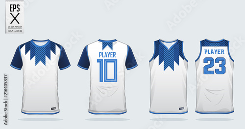 Blue and White t-shirt sport design template for soccer jersey, football kit and tank top for basketball jersey. Sport uniform in front and back view. Sport shirt mock up for sport club. Vector.