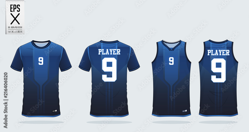 Obraz premium Blue t-shirt sport design template for soccer jersey, football kit and tank top for basketball jersey. Sport uniform in front and back view. Sport shirt mock up for sport club. Vector Illustration.