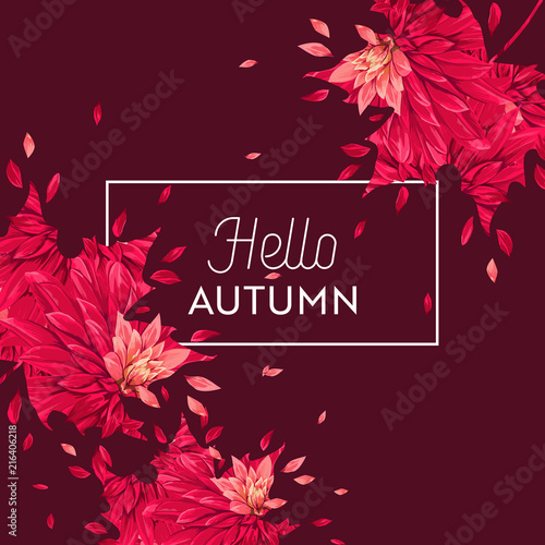 Hello Autumn Floral Design. Seasonal Fall Floral Background for Web Banner, Poster, Leaflet, Sale, Promo, Print. Watercolor Asters Flowers. Vector illustration
