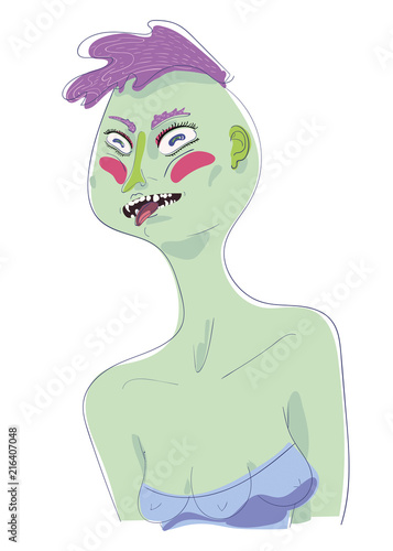 green skinned alien and which has pink hair and three boobs shows a tongue and teeth