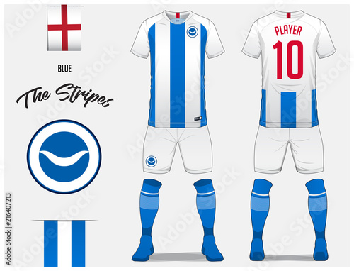 Soccer jersey or football kit template for football club. Blue and white stripe football shirt with sock and white shorts mock up. Front and back view soccer uniform. Football logo. Vector.