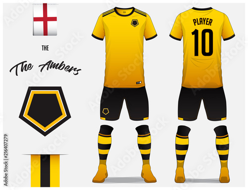 Soccer jersey or football kit template for football club. Yellow football shirt with sock and shorts mock up. Front and back view soccer uniform. Football logo and Flag label. Vector Illustration.