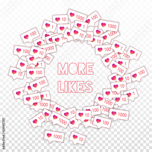 Social media icons. Social media marketing concept. Falling gradient like counter. Round scattered f