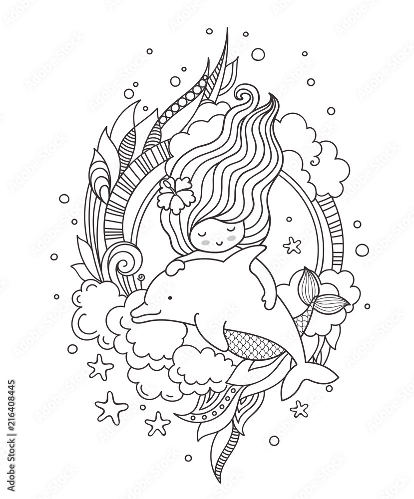 Fototapeta premium Mermaid swimming among seaweed and clouds, with dolphin. Page for adult coloring book. Vector outline illustration.