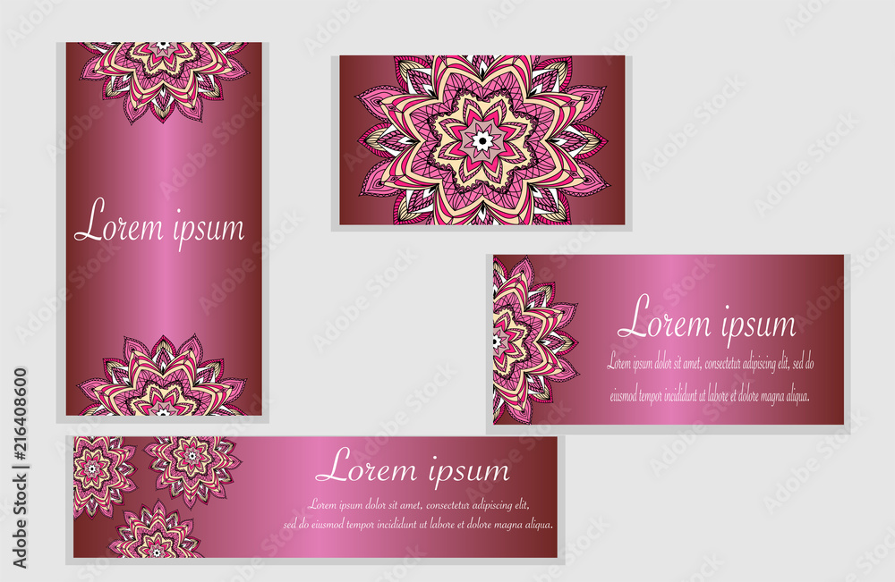 Flyers, visit card, banner template set with mandala ornament. Vector red card design. Front page and back page. Ottoman, arabic, oriental, turkish, indian, pakistan motif.