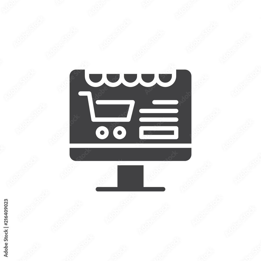 Online shop vector icon. filled flat sign for mobile concept and web design. Computer monitor with shopping cart simple solid icon. Symbol, logo illustration. Pixel perfect vector graphics Online shop vector icon. filled flat sign for mobile concept and web design. Computer monitor with shopping cart simple solid icon. Symbol, logo illustration. Pixel perfect vector graphics