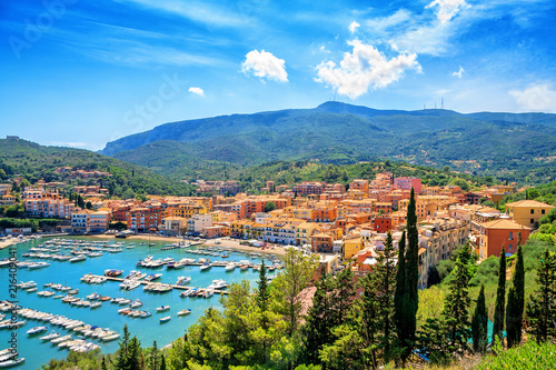 Panoramic aerial view of Porto Ercole town, Monte Argentario, Grosseto, Tuscany, Italy. Architecture and landmark of Porto Ercole and Italy. Tuscany is a region in central Italy photo