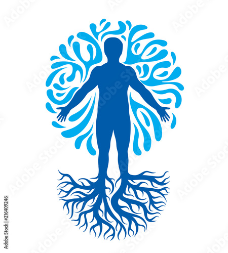 Vector graphic illustration of muscular human, individual created with tree roots and surrounded by a water ball. Body cleansing idea, alternative medicine theme picture.