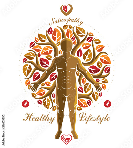 Vector illustration of athletic man created as a continuation of autumn tree. Human and nature harmony metaphor, naturopathy. photo