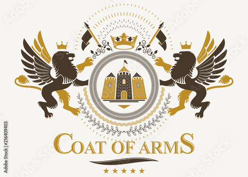 Fototapeta Naklejka Na Ścianę i Meble -  Luxury heraldic vector emblem template. Vector blazon created using ancient castle and gryphon mythic creature.