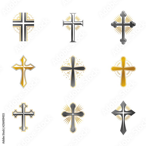 Crosses Religious emblems set. Heraldic Coat of Arms, vintage vector logos collection.