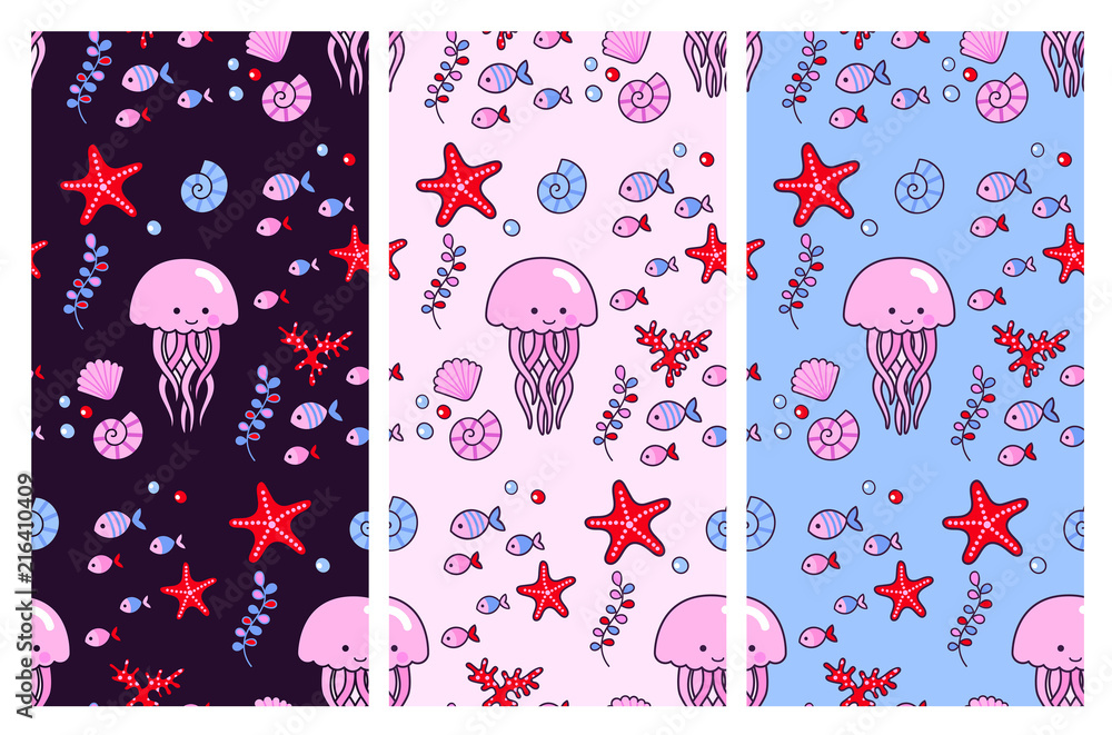 Seamless vector patterns with cute jellyfish and sea elements on ...