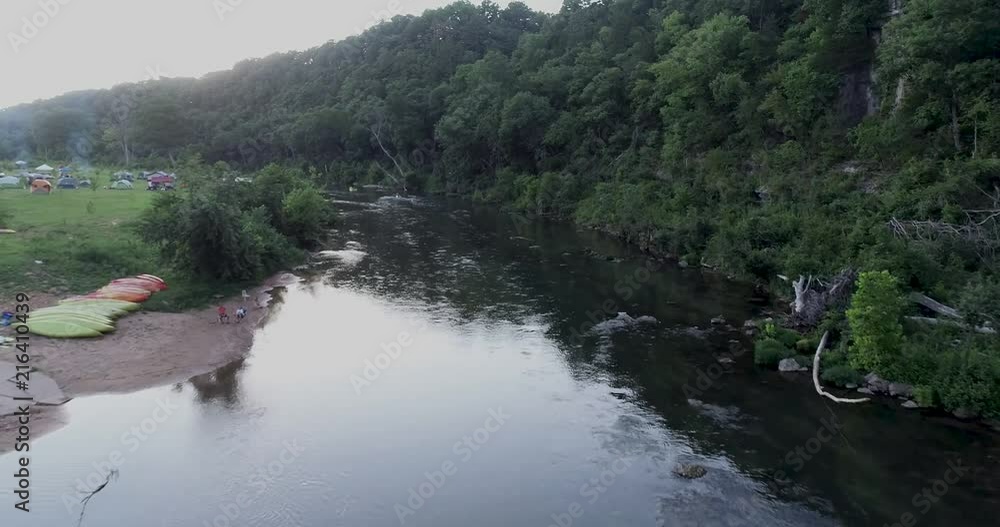 Aerial low angle over a spring fed river in Missouri Aerial low angle over a spring fed river in Missouri