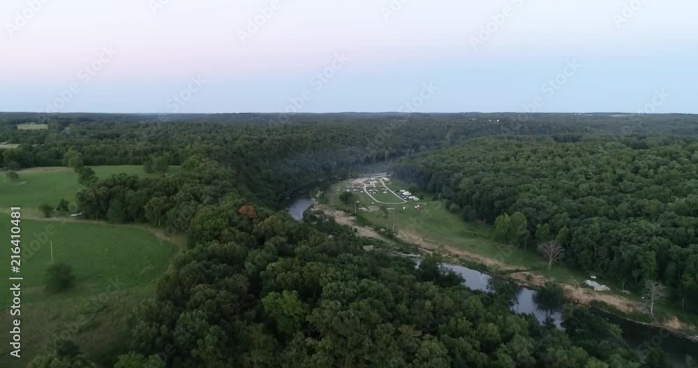 Aerial of campground by a river in the midwest Aerial of campground by a river in the midwest