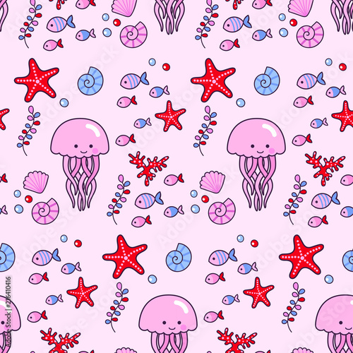 Seamless vector pattern with sea elements of various sizes. Fish, jellyfish, starfish, coral and seashell.