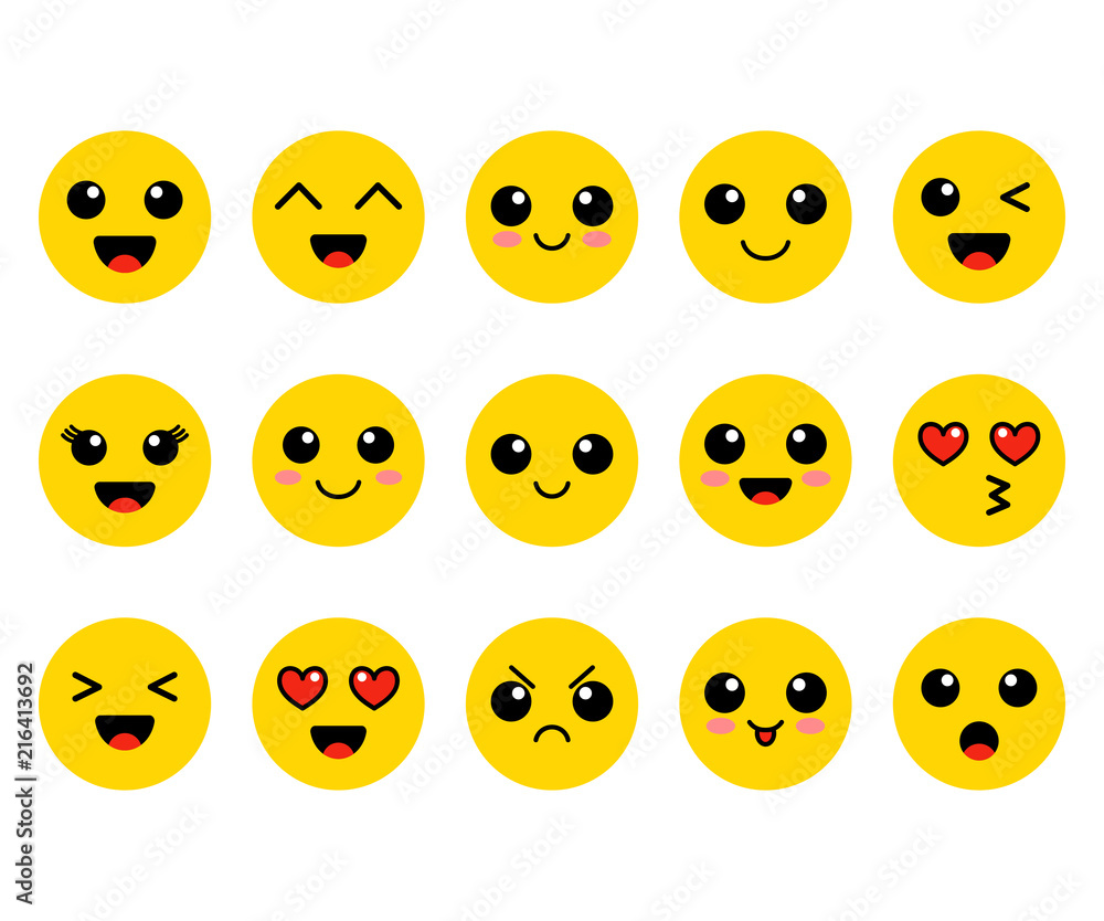 Set of emoji. Kawai yellow faces. Cute emoticons. Flat. Vector illustration.