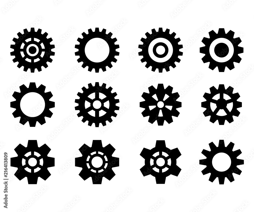 Set of the gears. Steampunk. Black gear wheels icons. Cog wheels. Vector illustration Set of the gears. Steampunk. Black gear wheels icons. Cog wheels. Vector illustration
