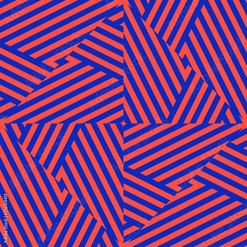 Vector colorful geometric seamless pattern with diagonal stripes, cross lines, triangles. Trendy bright colors, red and electric blue. Creative psychedelic design. Retro 80-90's fashion background