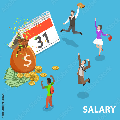 Flat isometric vector concept of salary, payout, bonus, income, annual payment day.