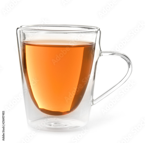Glass cup of black tea on white background
