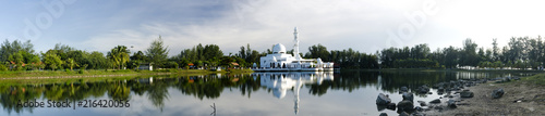 The beautiful nature and reflection of Tengku Tengah Zaharah Mosque, most iconic floating mosque located at Terengganu Malaysia.
