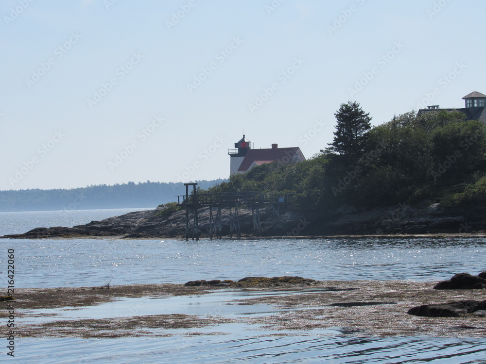 View of Hendricks Head Lighthouse in Southport, Maine behind trees and plants in the summer 