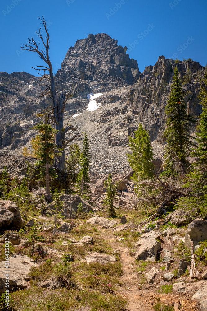 Mountain footpath leads to a predominant peak in the Seven Devils recreation area Idaho Mountain footpath leads to a predominant peak in the Seven Devils recreation area Idaho
