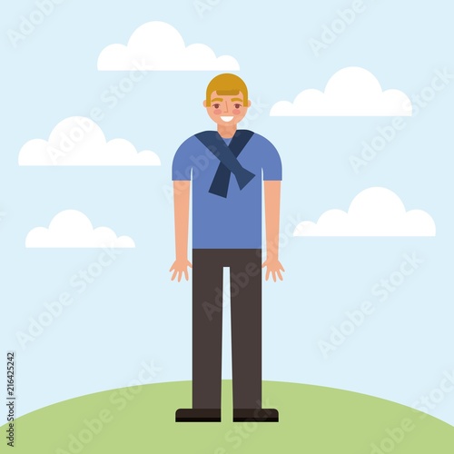 cute boy smiling in the park outdoor clouds vector illustration