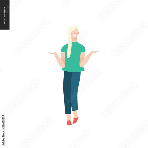 Bright people portraits - young woman, hand drawn flat style vector doodle design illustration of a smiling blonde girl standing writhing her hands, concept illustration