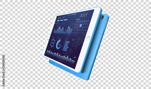 Market app vector interface with business financial market charts and global economics data graphs.Modern glossy tablet isolated on transparent background. Vector illustration. EPS10.