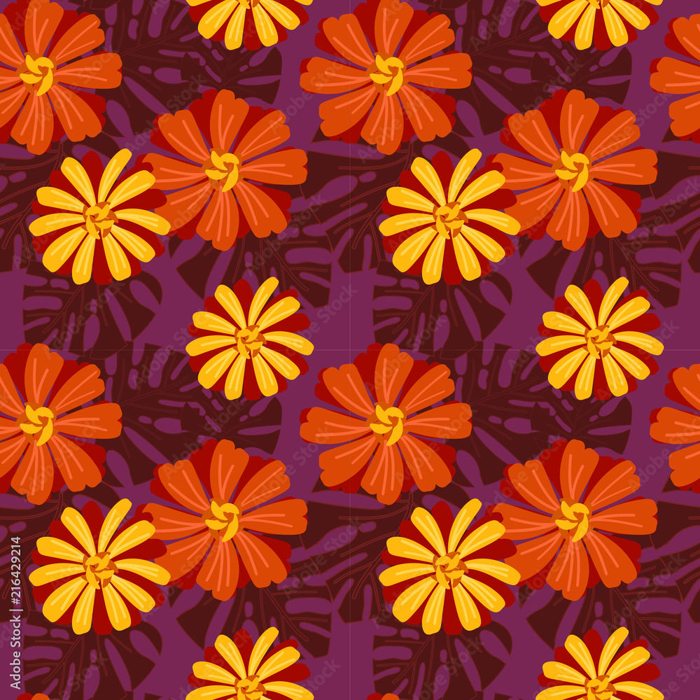 Vivid zinnia flower seamless pattern.