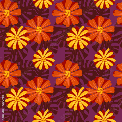 Vivid zinnia flower seamless pattern. © misspin