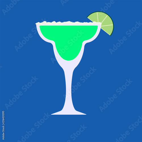 Vector glass of margarita with slice of lime and salt on top glass on blue background