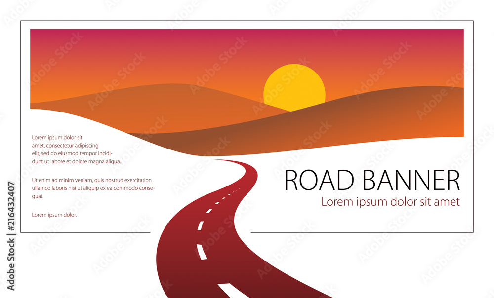 Country road curved highway vector perfect design illustration. The way to nature sunset, hills and fields camping and travel theme. Can be used as a road banner or billboard with copy space for text.